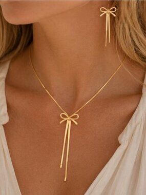 18K Gold Plated Bow Necklace & Drop Earrings Jewelry Set